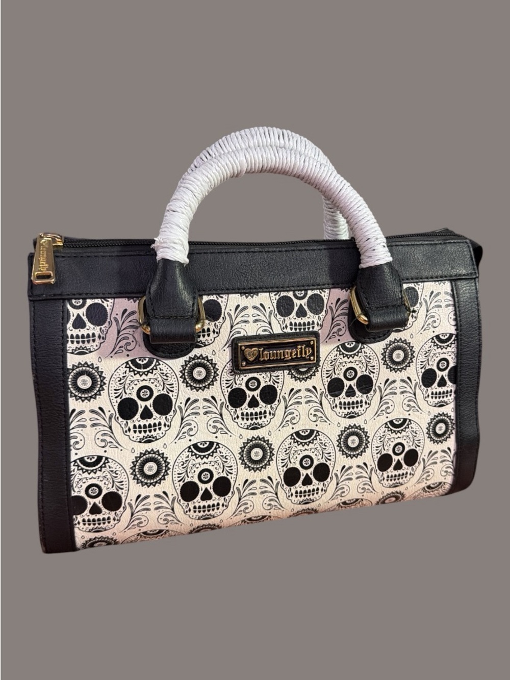 Loungefly Sugar Skull Print Duffle Satchel Handbag - Black & White